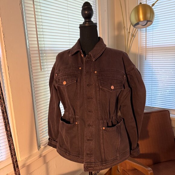 ulla johnson medium dk brown odette dylan denim puff sleeve peplum jacket - Picture 5 of 8